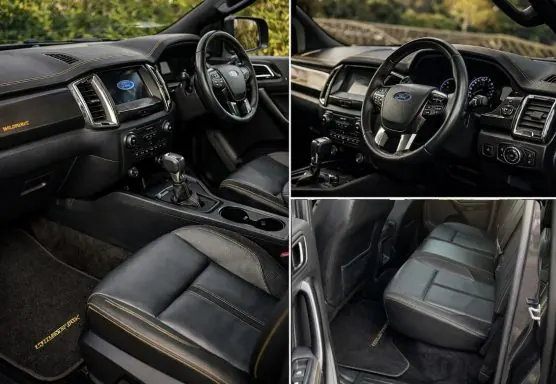 Multi-panel view of a pickup truck interior after a full interior detail