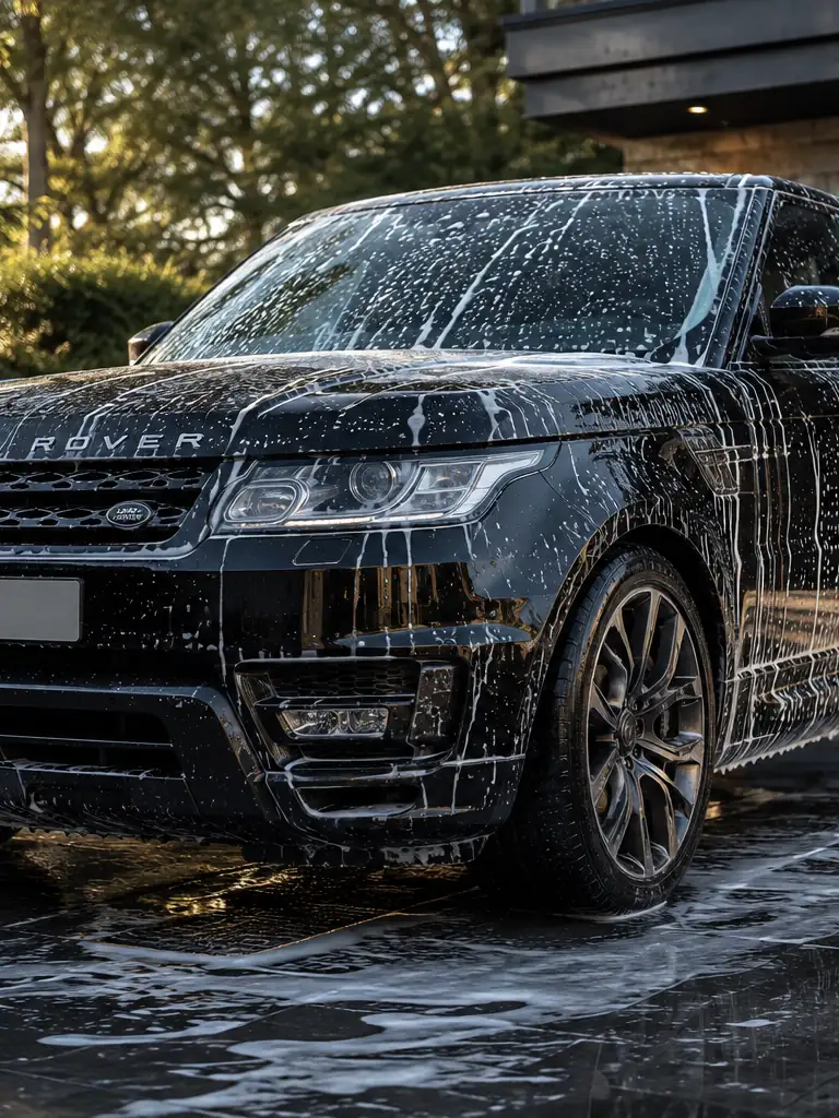 Black Range Rover covered in snow foam on a wet driveway during the pre-wash stage of an exterior detail